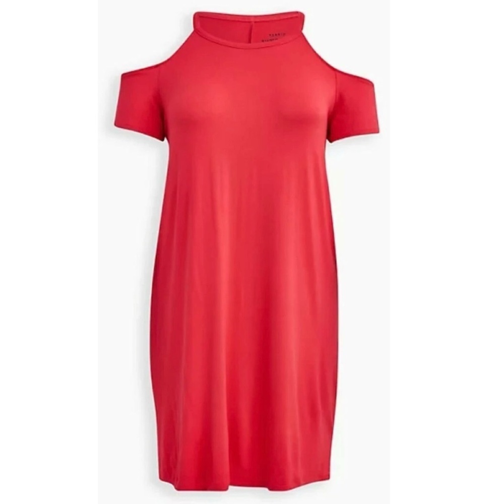 TORRID Super Soft Cold Shoulder Mini Dress‎ Bright Berry Red Sz 1X Vacation - Picture 2 of 14